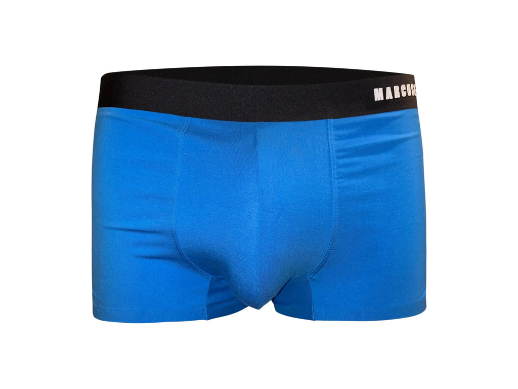 Bright blue marcuse dandy boxer underwear with black waistband and white marcus brand name lettering