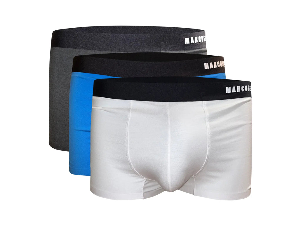 Marcuse dandy boxer underwear in white black and blue with elastic waistbands made for comfortable daily wear