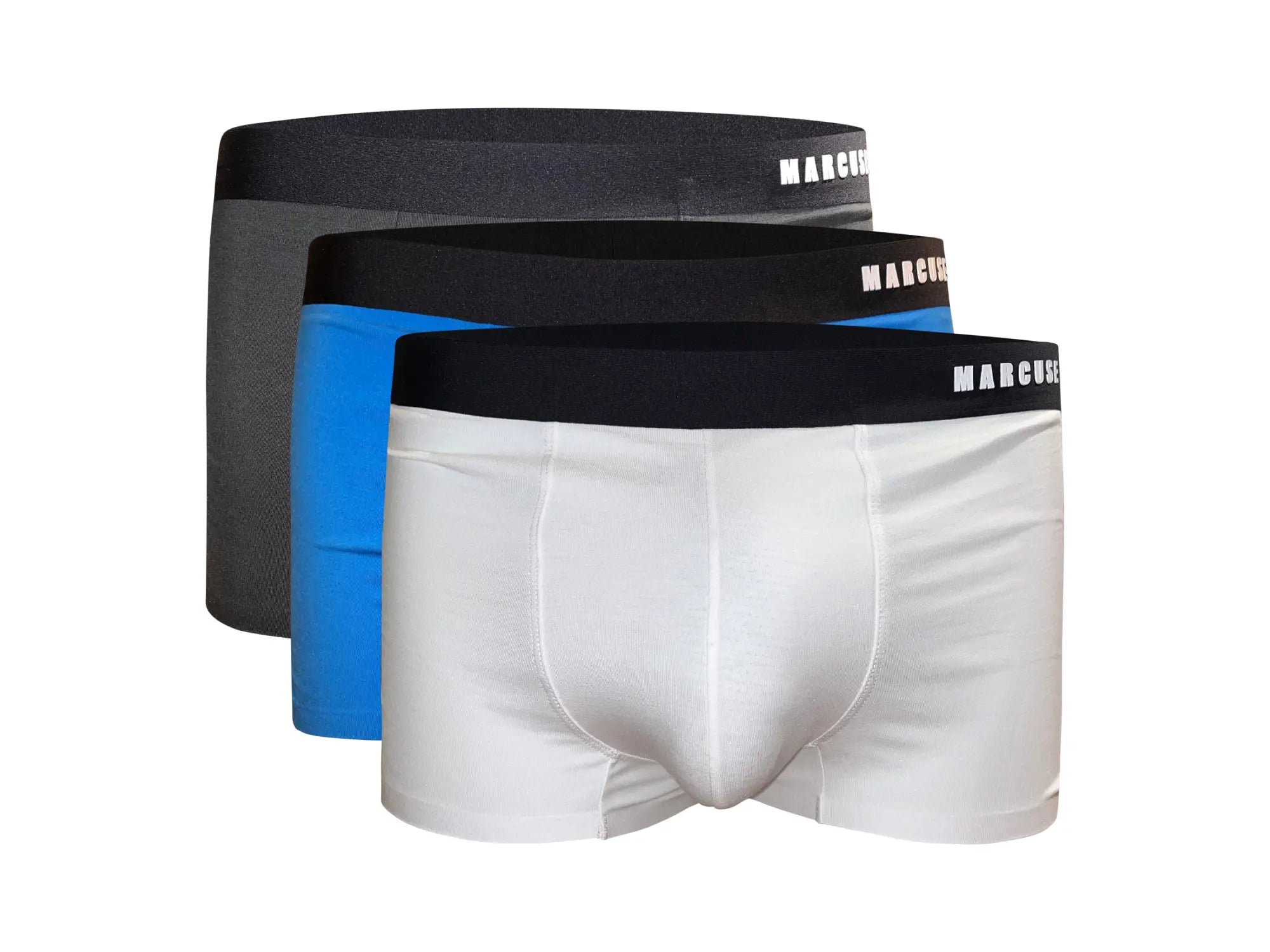 Marcuse dandy boxer underwear in white black and blue with elastic waistbands made for comfortable daily wear