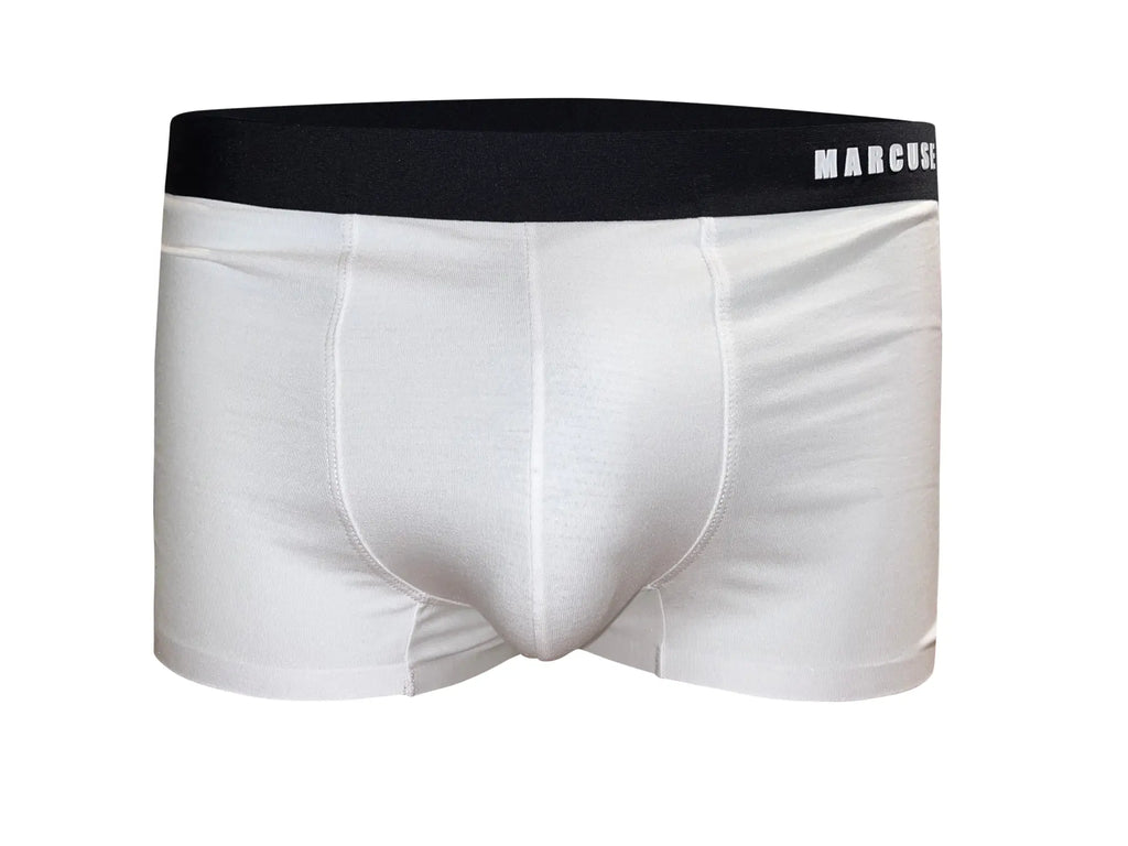White men’s briefs with black waistband featuring marcus brand name in white from marcuse dandy boxer underwear