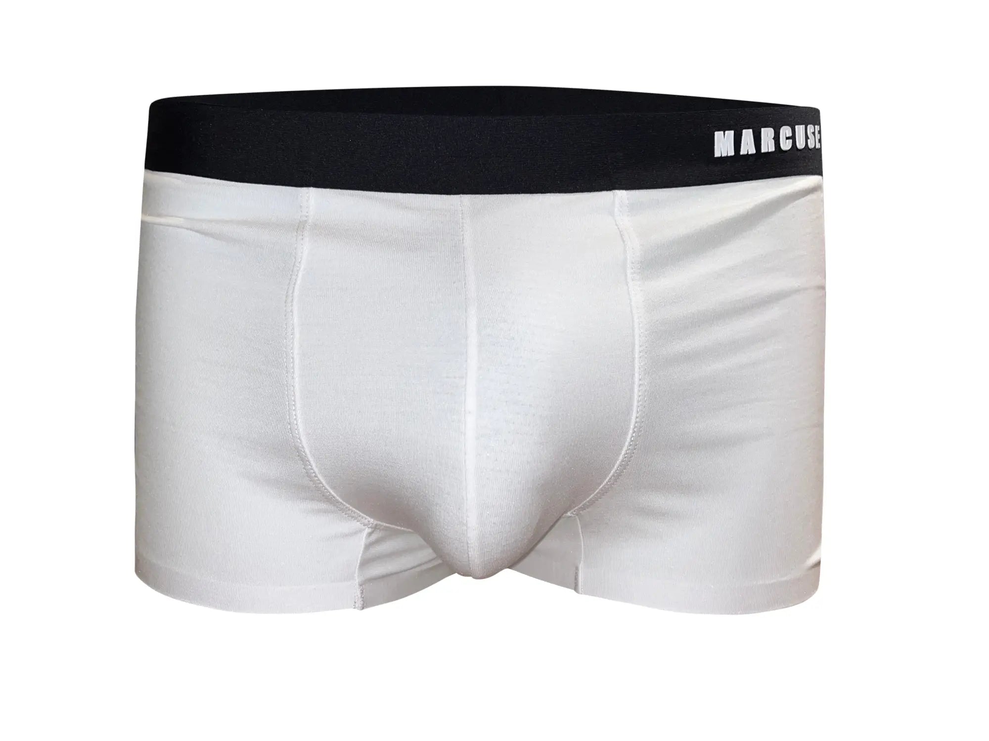 White men’s briefs with black waistband featuring marcus brand name in white from marcuse dandy boxer underwear