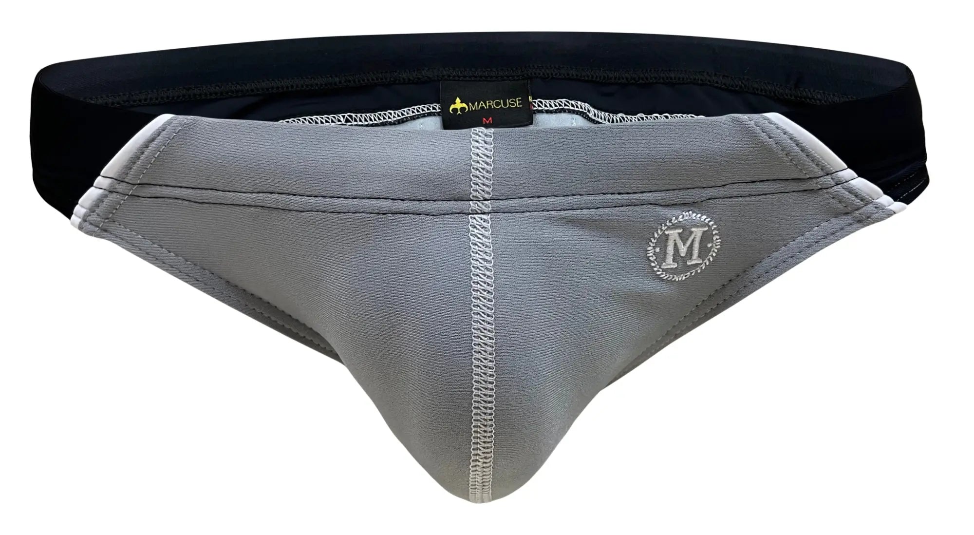 Gray marcus men’s briefs with black waistband and silver embroidered logo in marcuse dazzle bikini swimwear style