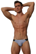 Light gray marcuse dazzle bikini swimwear briefs with black trim and a small front logo for athletic use