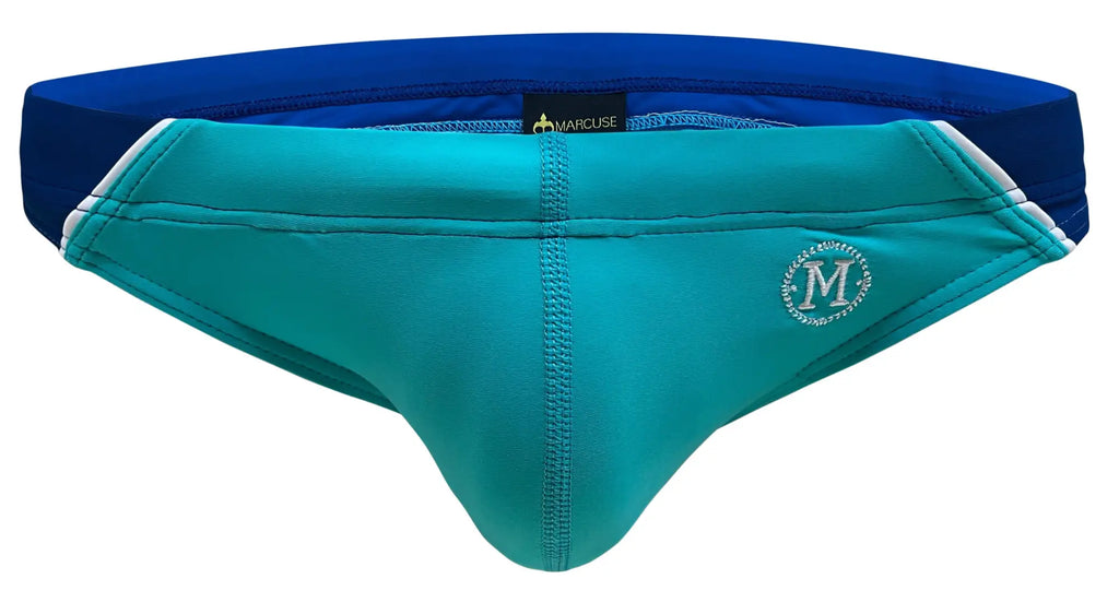 Teal and blue Marcuse Dazzle bikini swimwear briefs with a white embroidered m logo on the front