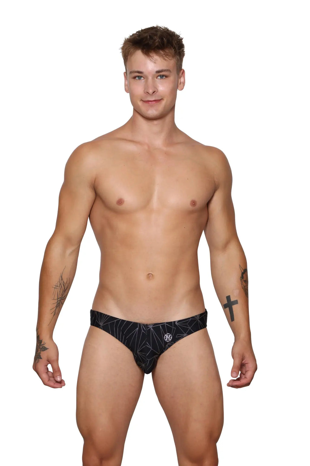 Black marcuse discothèque bikini swimwear briefs with geometric pattern and small logo on the front for swim use