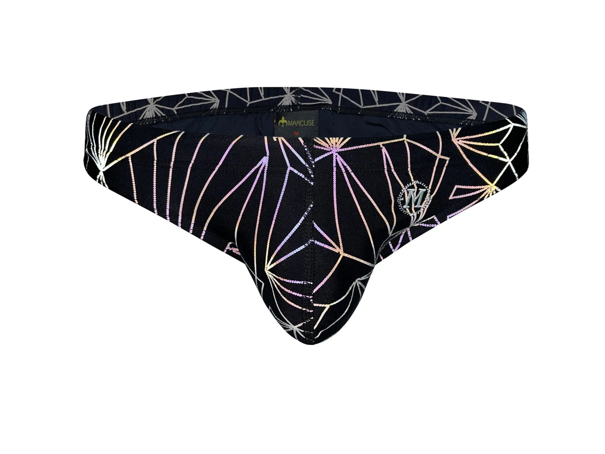 Black marcuse discothèque bikini swimwear swim trunks with iridescent geometric multi-colored line pattern