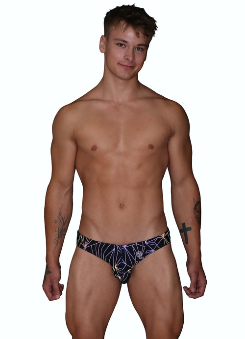 Navy blue marcuse discothèque bikini swimwear swim trunks with white geometric pattern and gold accents