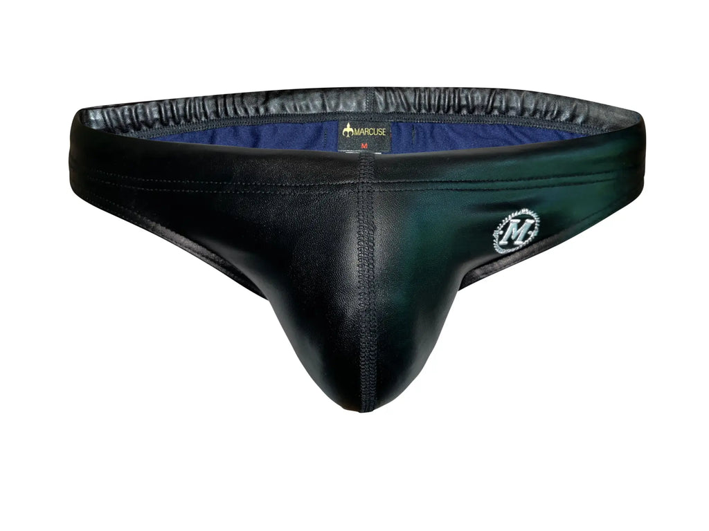 Black leather thong with subtle green gradient and silver embroidered logo on the side for Marcuse Eagle bikini swimwear