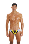 Marcuse Efficio bikini swimwear black gray and yellow swim trunks with bold v-shaped design