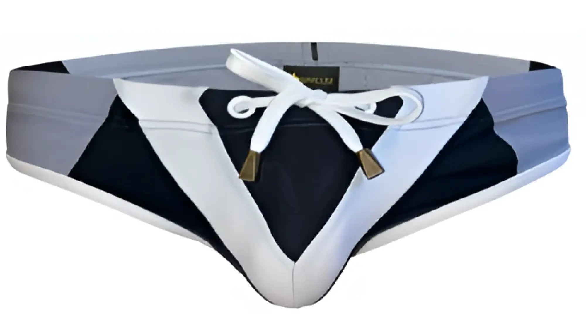 Marcuse Efficio bikini swimwear in black and white athletic briefs with v-shaped front and drawstring waistband
