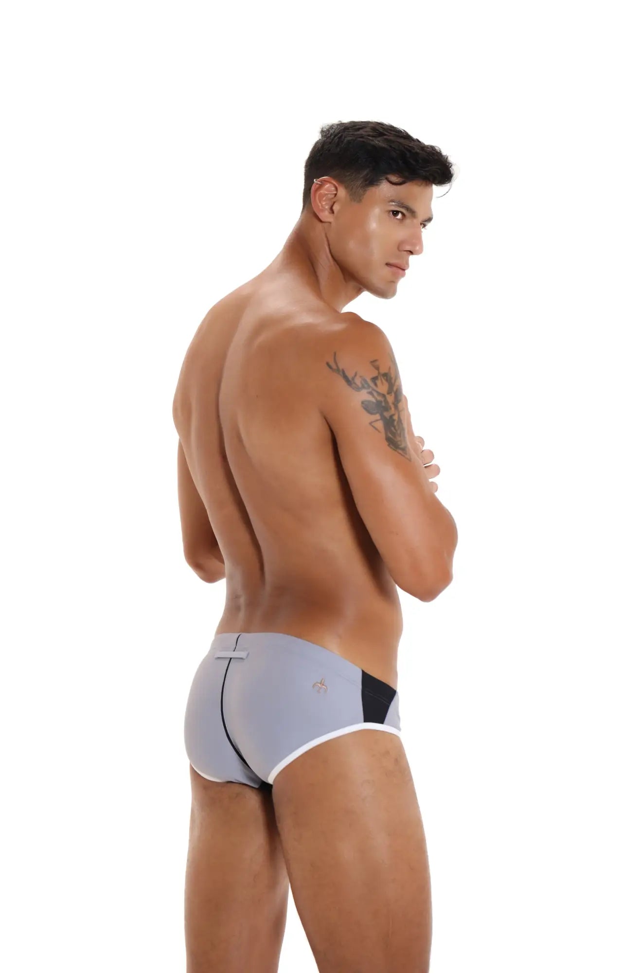 Gray and black marcuse efficio bikini swimwear briefs with white trim designed for athletic performance