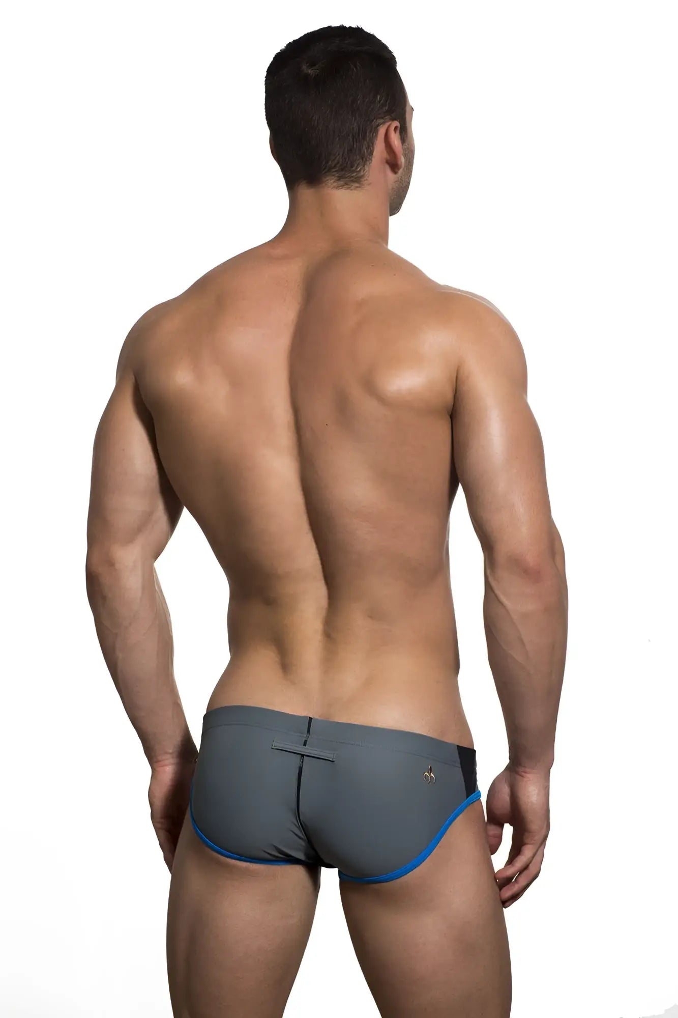 Gray and blue Marcuse Efficio bikini swimwear briefs with a sleek form-fitting design for athletic use