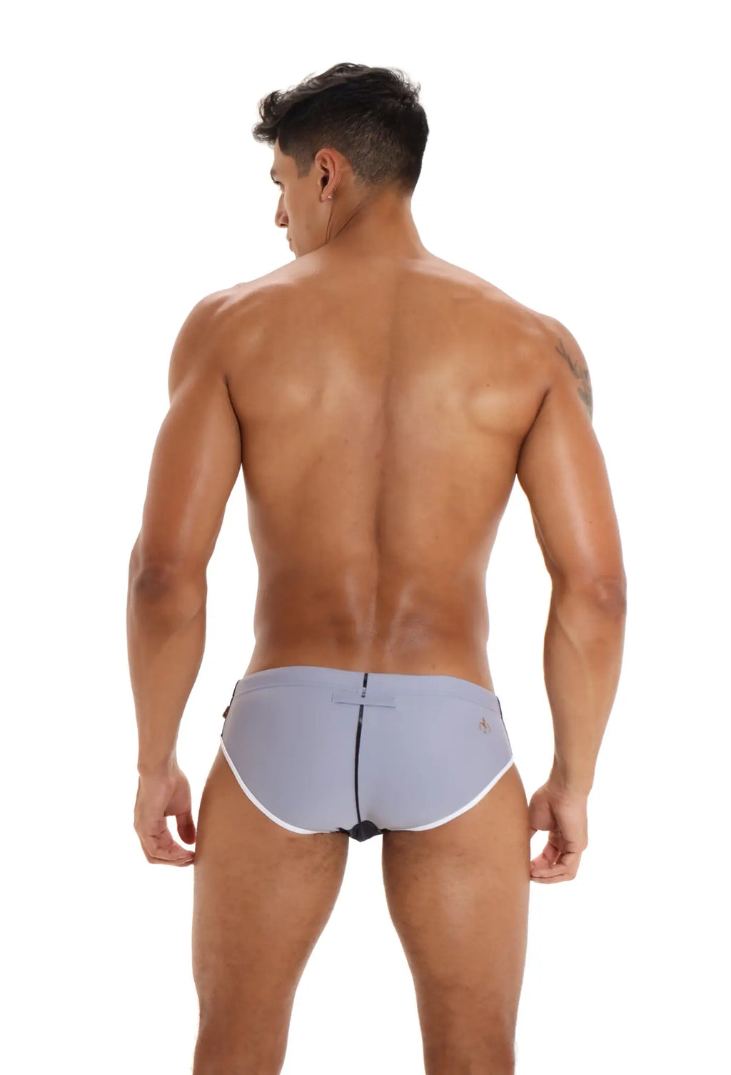 Marcuse Efficio bikini swimwear light gray athletic briefs with white trim and black central seam front view