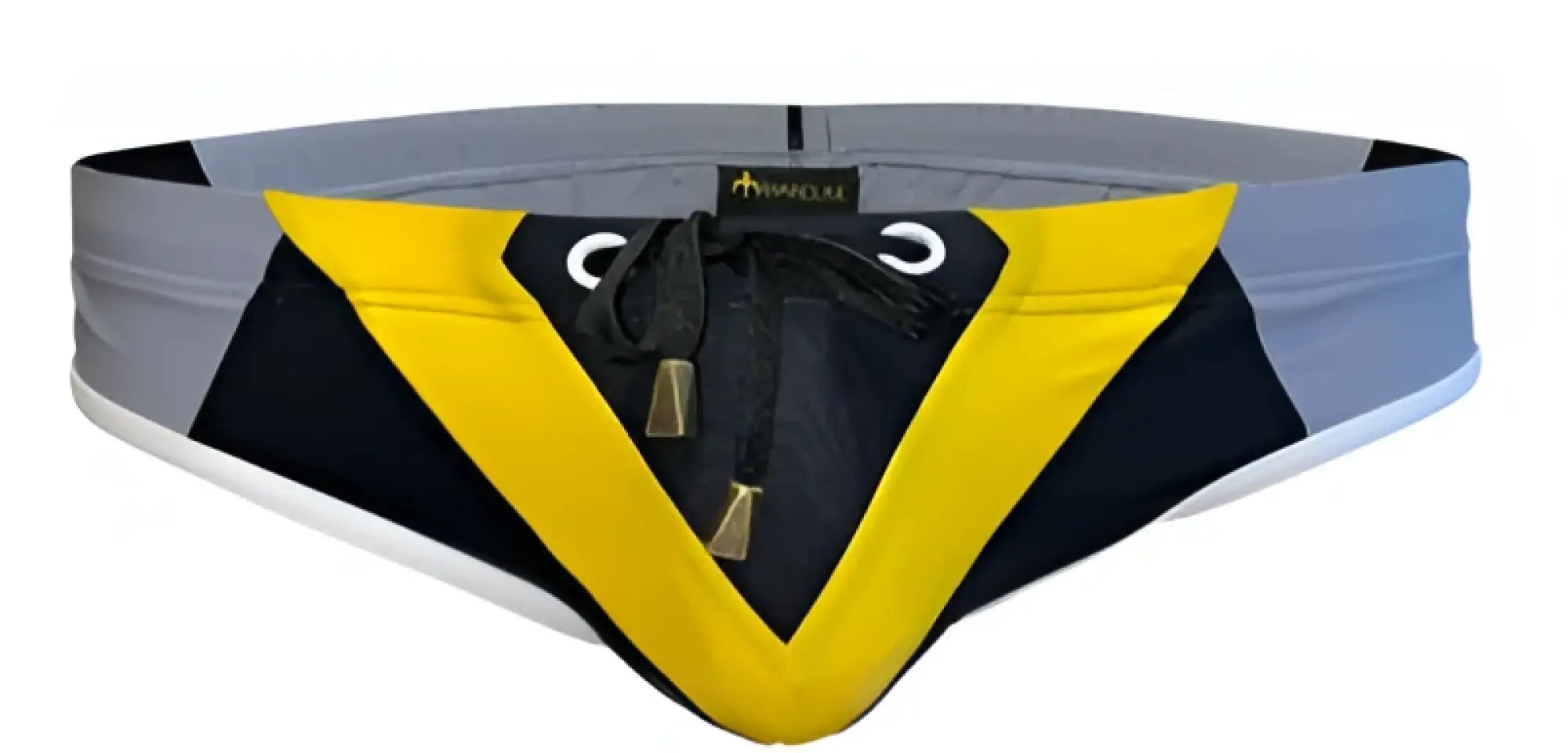 Marcuse Efficio bikini swimwear in yellow black v-shaped swim trunks with gray side panels for swim use