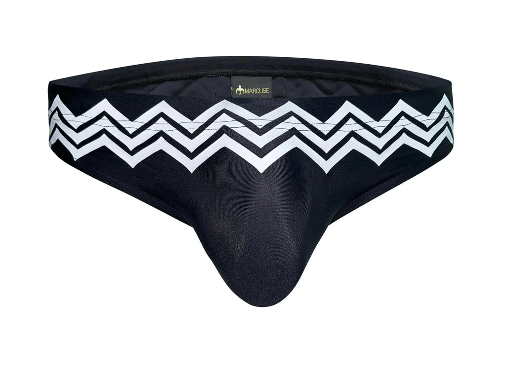 Marcuse Everest bikini swimwear black men’s swim trunks with bold white zigzag waistband and subtle textured fabric