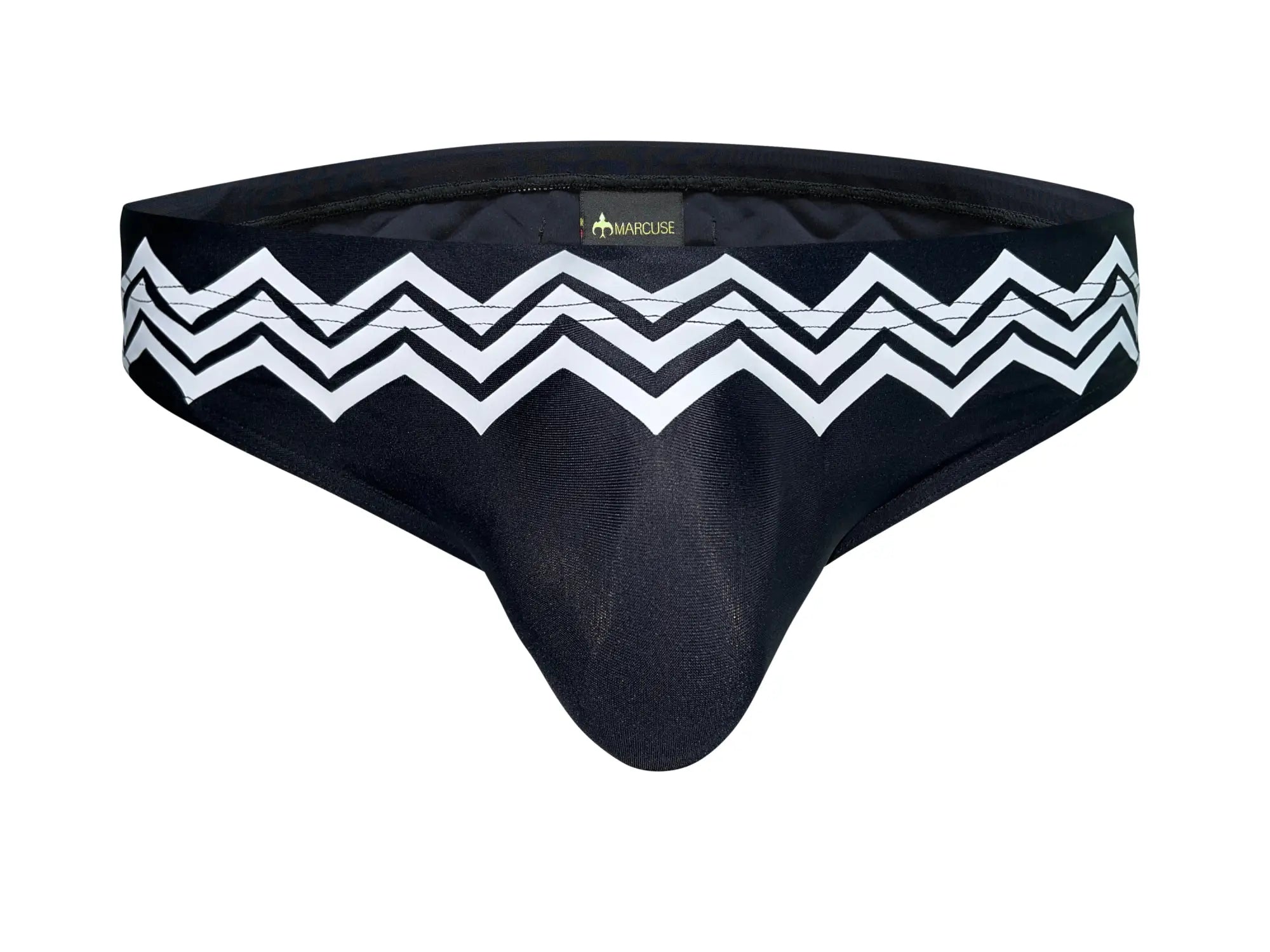 Marcuse Everest bikini swimwear black men’s swim trunks with bold white zigzag waistband and subtle textured fabric