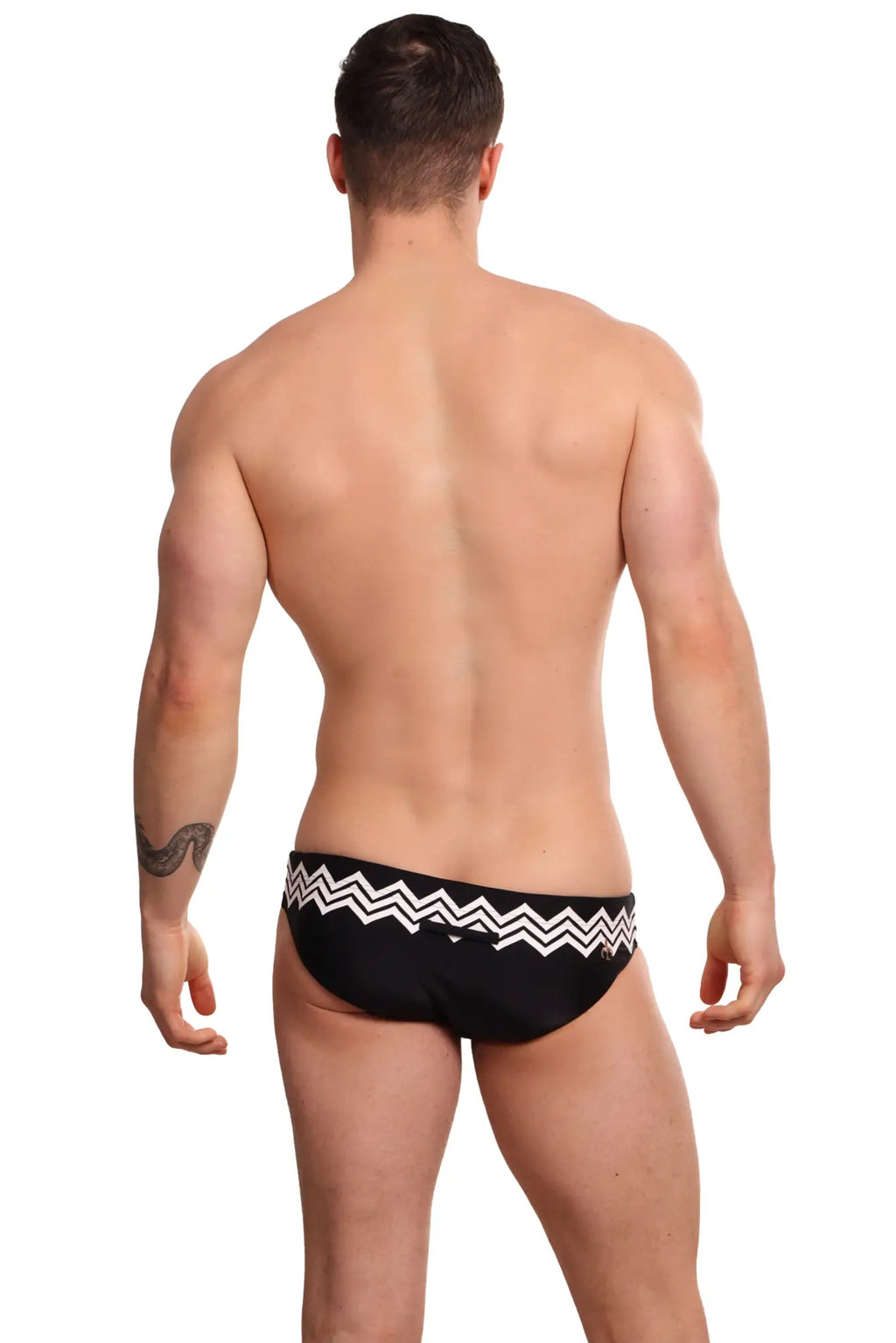 Marcuse Everest bikini swimwear black swim trunks with bold white zigzag pattern along the waistband