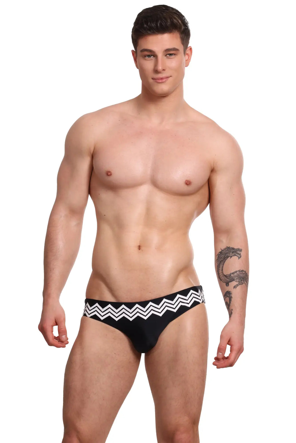 Marcuse Everest bikini swimwear black swim trunks with bold white zigzag pattern along the waistband