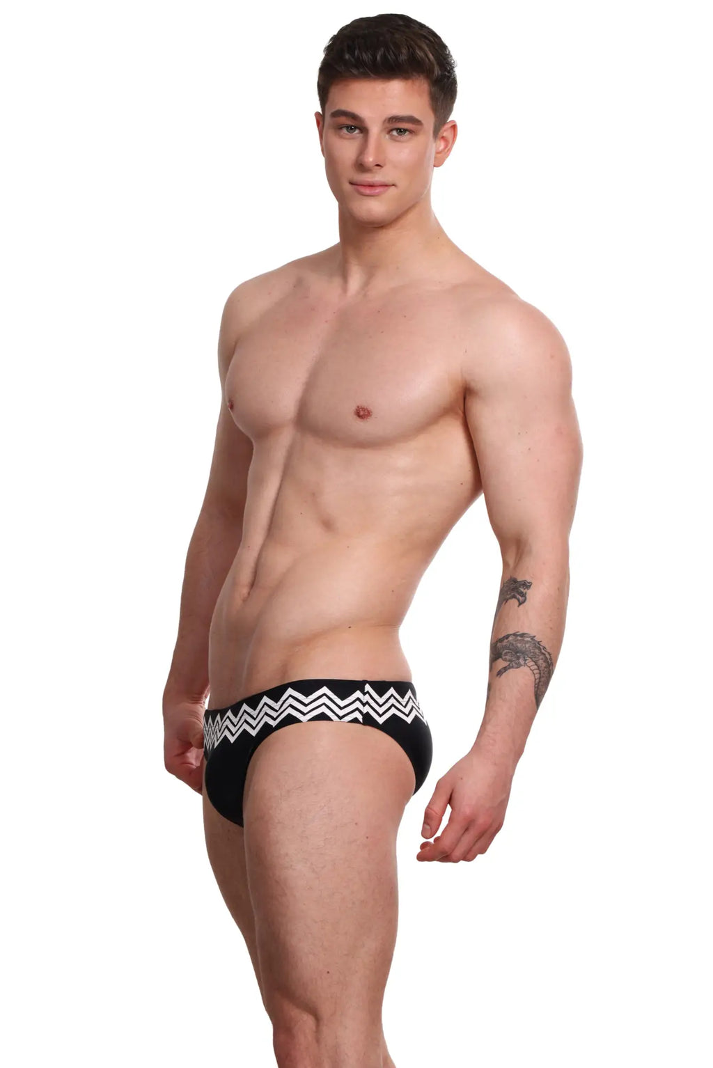 Marcuse Everest bikini swimwear black swim trunks with bold white zigzag pattern on waistband front view