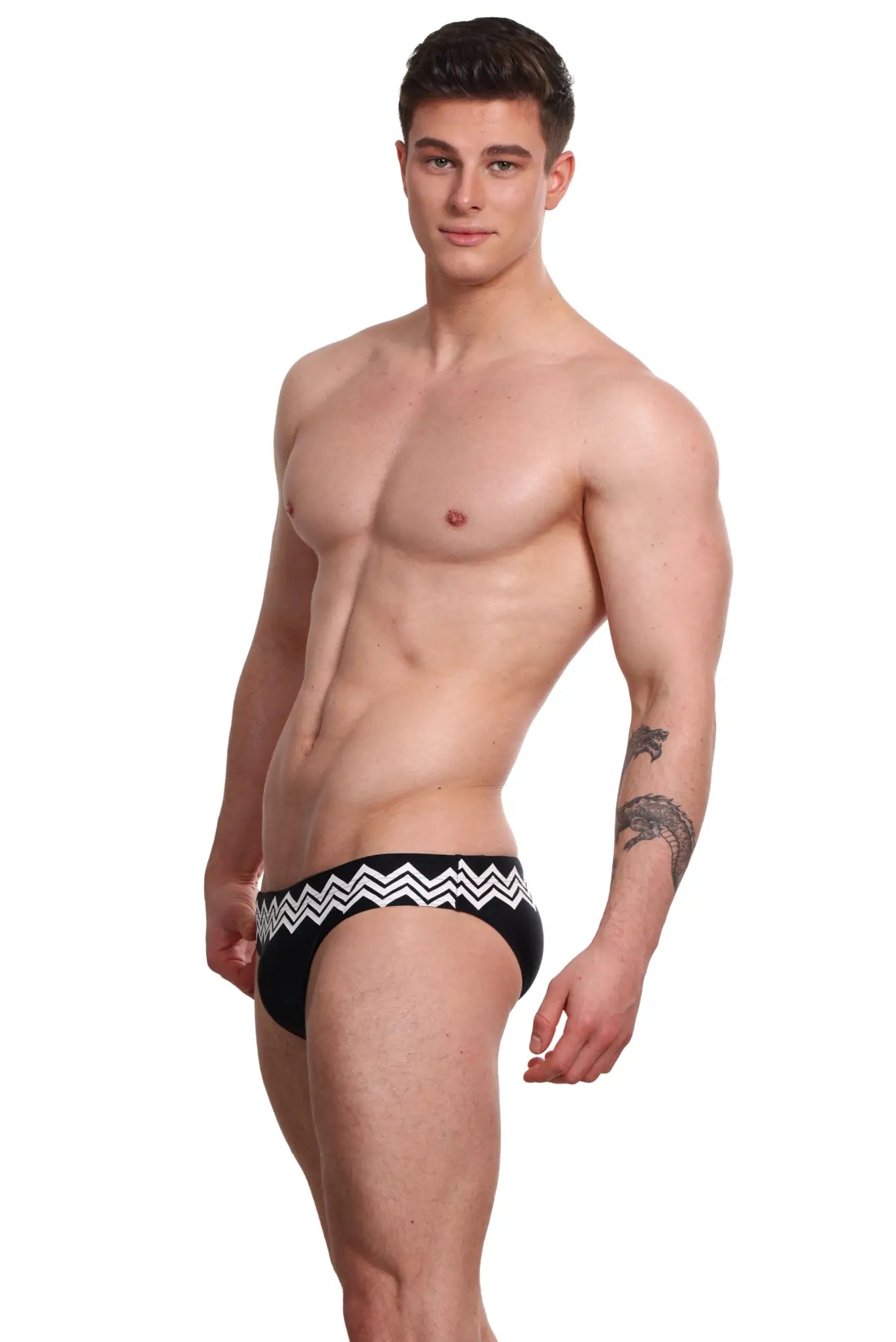 Marcuse Everest bikini swimwear black swim trunks with bold white zigzag pattern on waistband front view