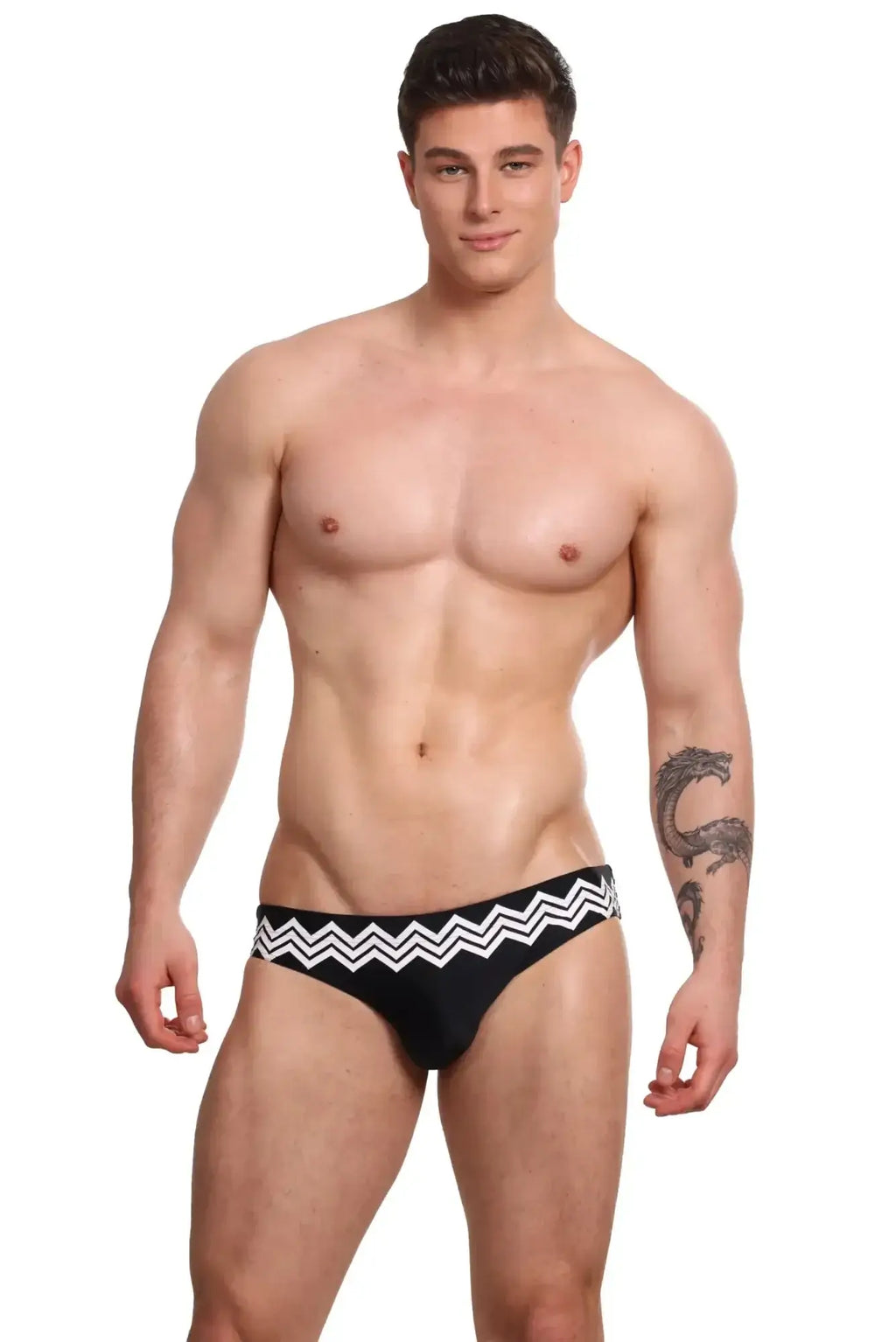 Marcuse Everest bikini swimwear black swim trunks with bold white zigzag pattern along the waistband