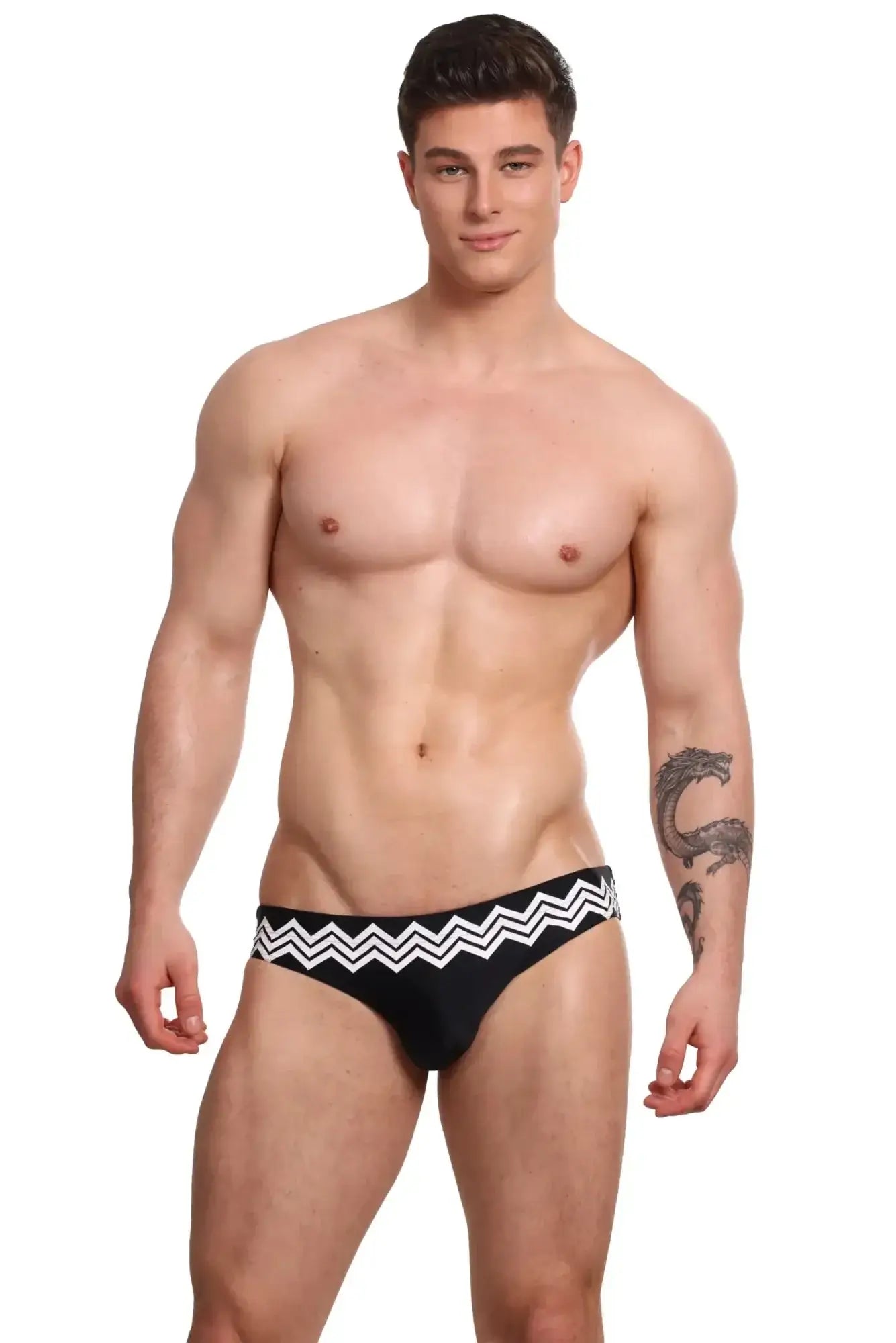 Marcuse Everest bikini swimwear black swim trunks with bold white zigzag pattern along the waistband
