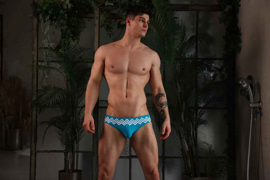 Marcuse Everest bikini swimwear blue swim trunks with white zigzag pattern front view for beachwear use