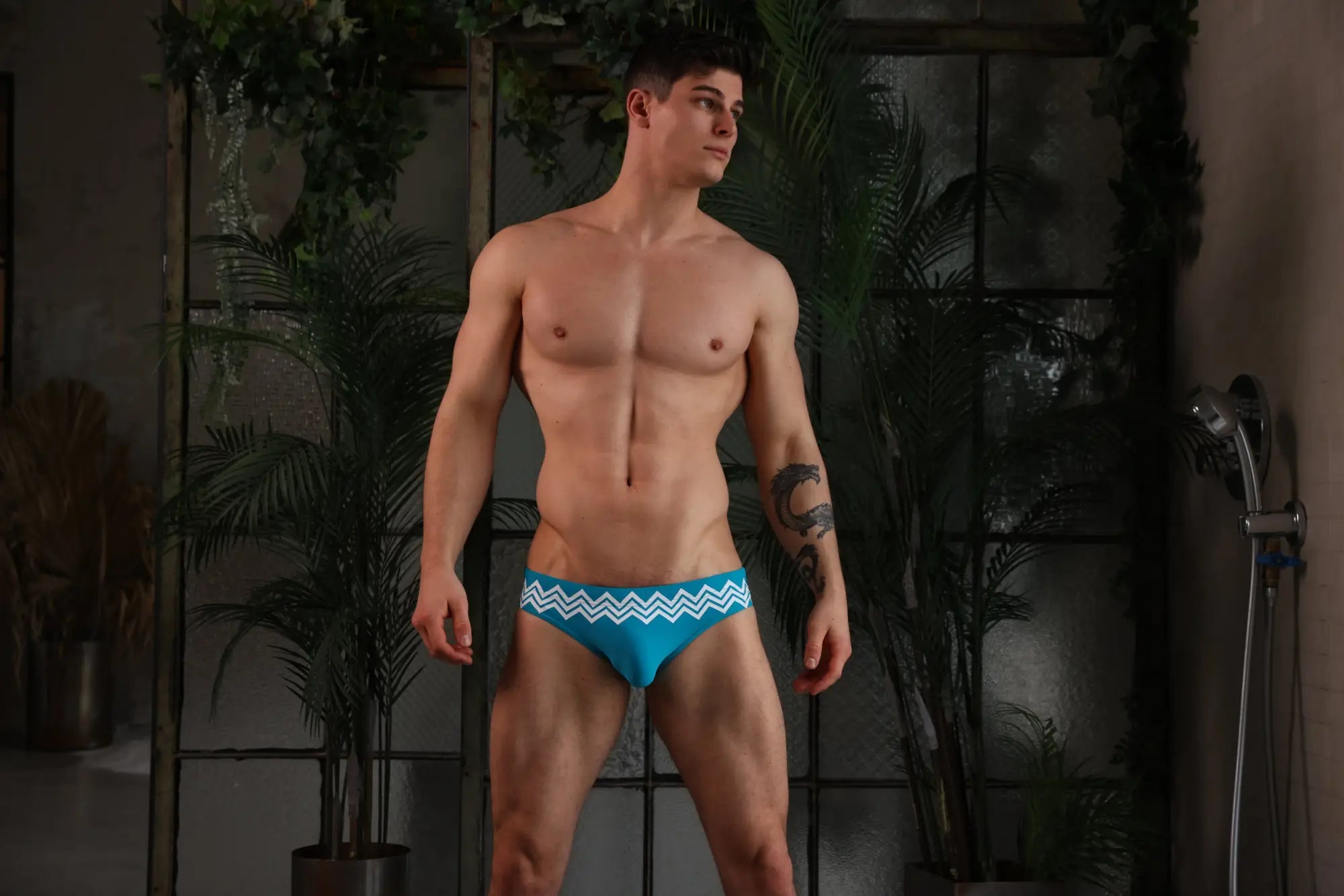 Marcuse Everest bikini swimwear blue swim trunks with white zigzag pattern front view for beachwear use