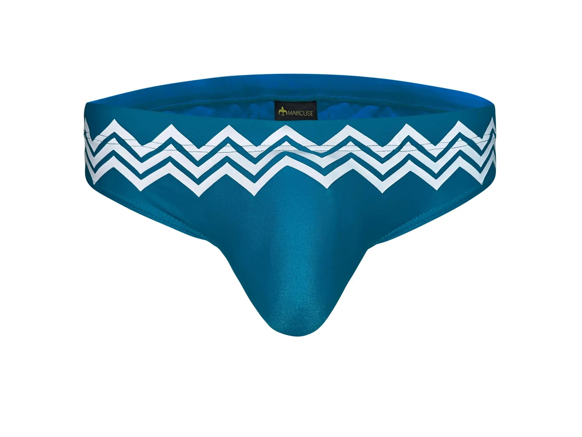 Marcuse Everest bikini swimwear teal blue men’s briefs with bold white zigzag pattern waistband front view