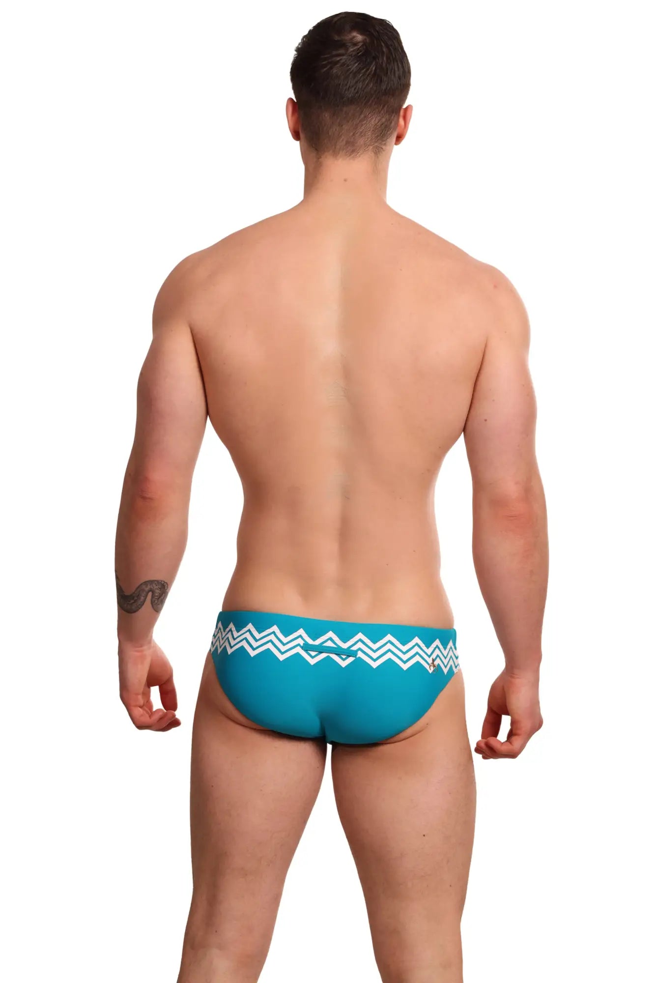 Teal Marcuse Everest bikini swimwear swim trunks with white zigzag pattern on the waistband for beachwear