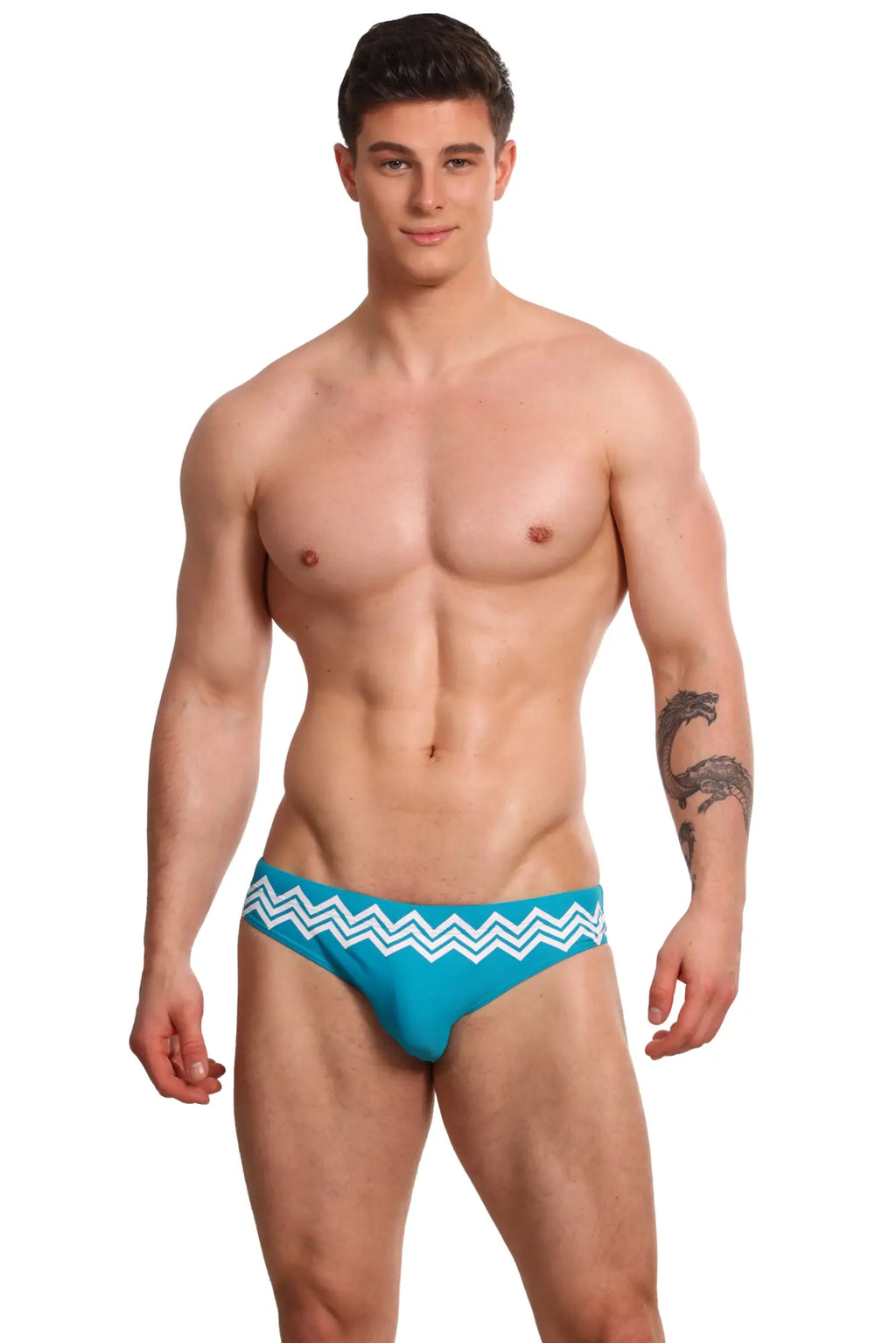 Marcuse Everest bikini swimwear turquoise swim trunks with white zigzag pattern on the waistband