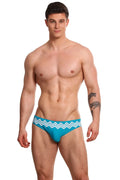 Marcuse Everest bikini swimwear turquoise swim trunks with white zigzag pattern on the waistband