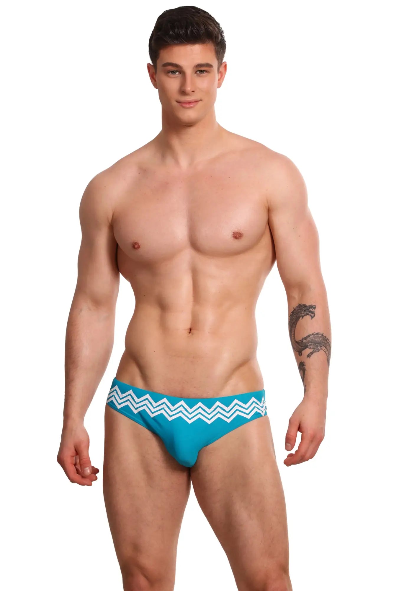 Marcuse Everest bikini swimwear turquoise swim trunks with white zigzag pattern on the waistband