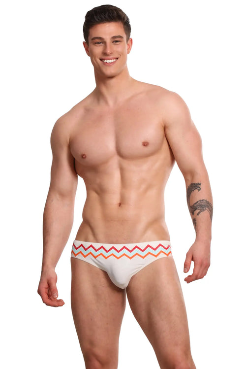 Marcuse Everest bikini swimwear white briefs with colorful zigzag patterned waistband for swim use