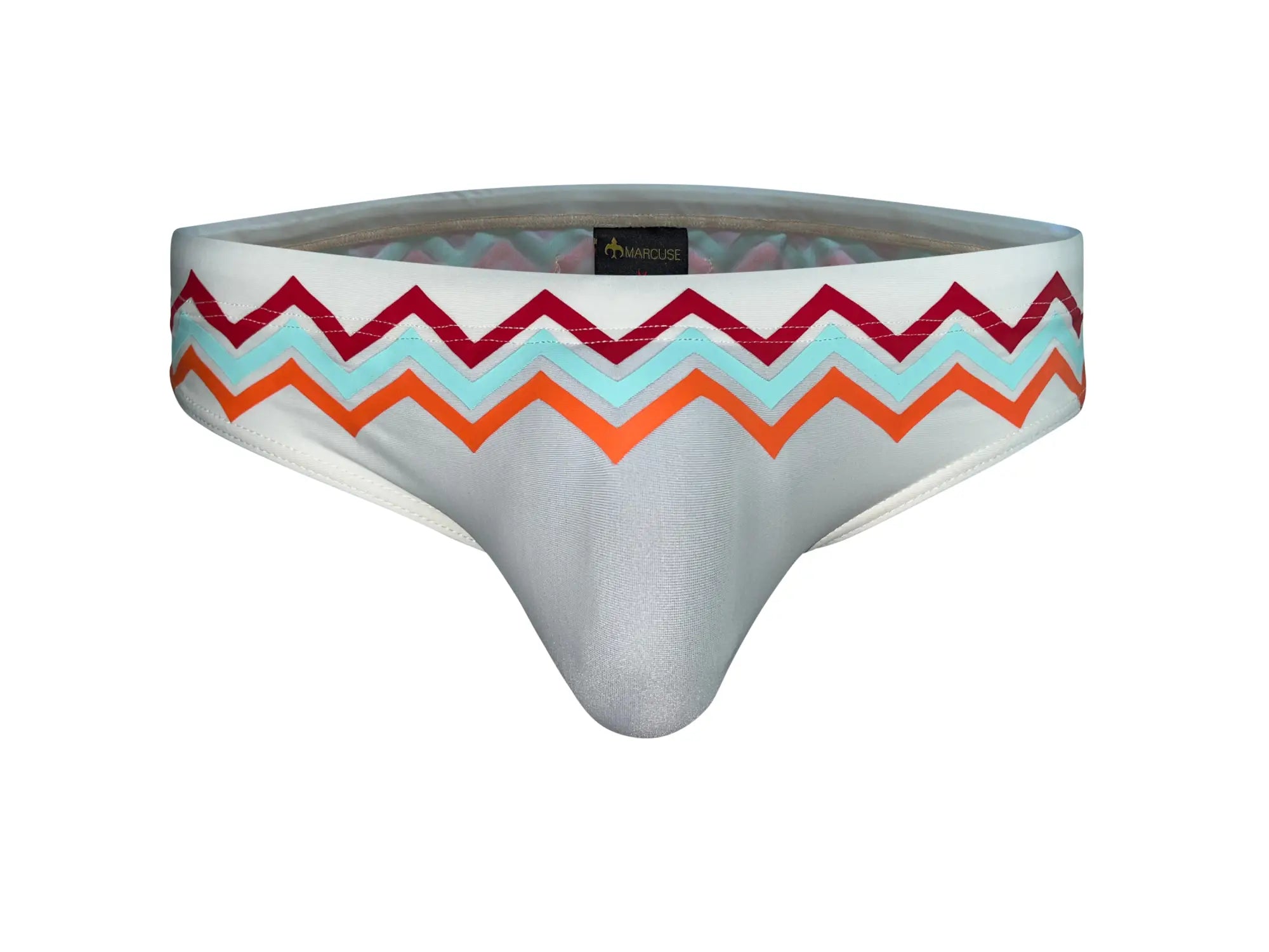 Marcuse Everest bikini swimwear white briefs with vibrant maroon light blue and orange zigzag pattern front view