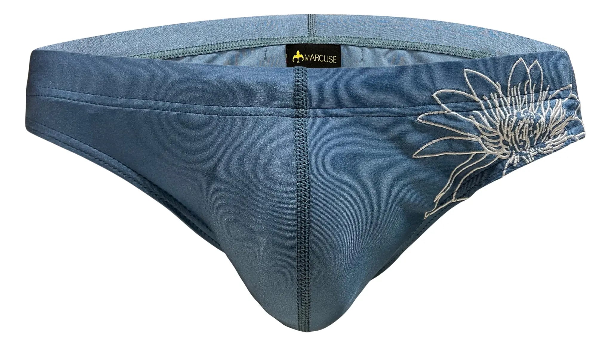 Marcuse Florets bikini swimwear blue denim style briefs with white embroidered flower design on the side