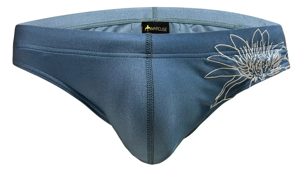 Marcuse Florets bikini swimwear blue denim style briefs with white embroidered flower design on the side