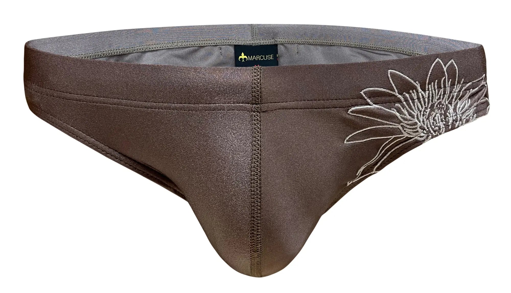Brown marcuse briefs with white embroidered sunflower design on the side from marcuse florets bikini swimwear