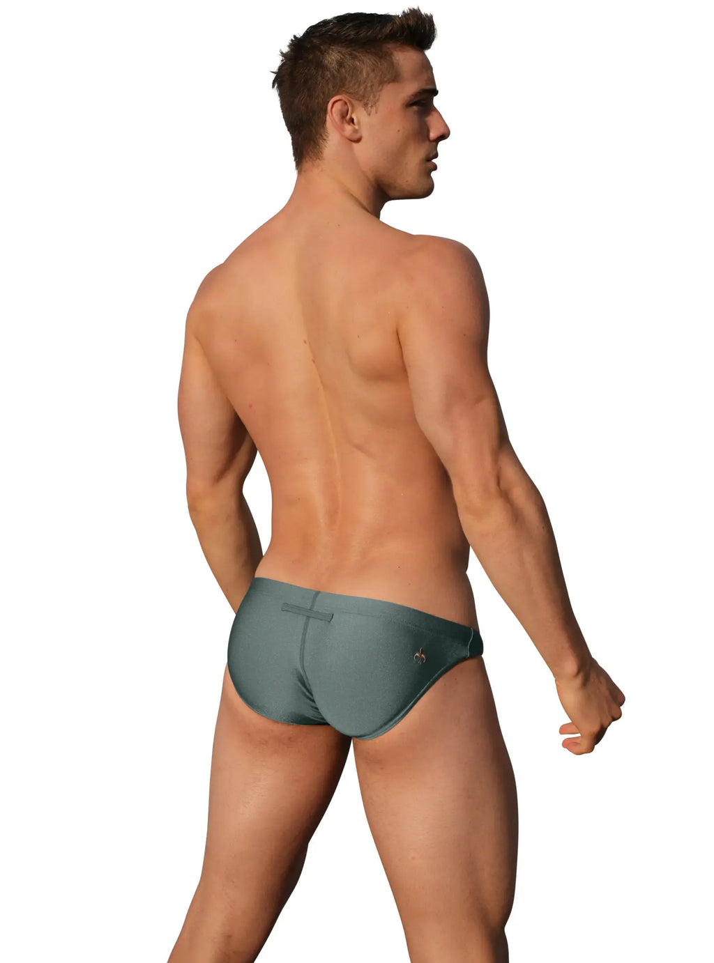 A sleek dark teal marcuse florets bikini swimwear swim trunks showing the back with a subtle closure and minimalist branding