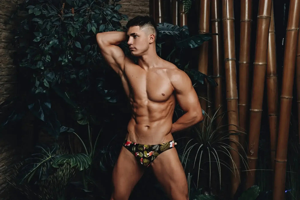 Marcuse Forrest brief swimwear in tropical floral patterned quick-dry fabric designed for men’s beachwear