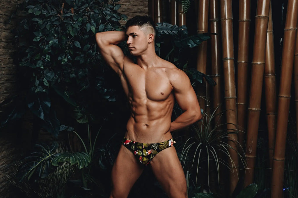 Marcuse Forrest brief swimwear in tropical floral patterned quick-dry fabric designed for men’s beachwear