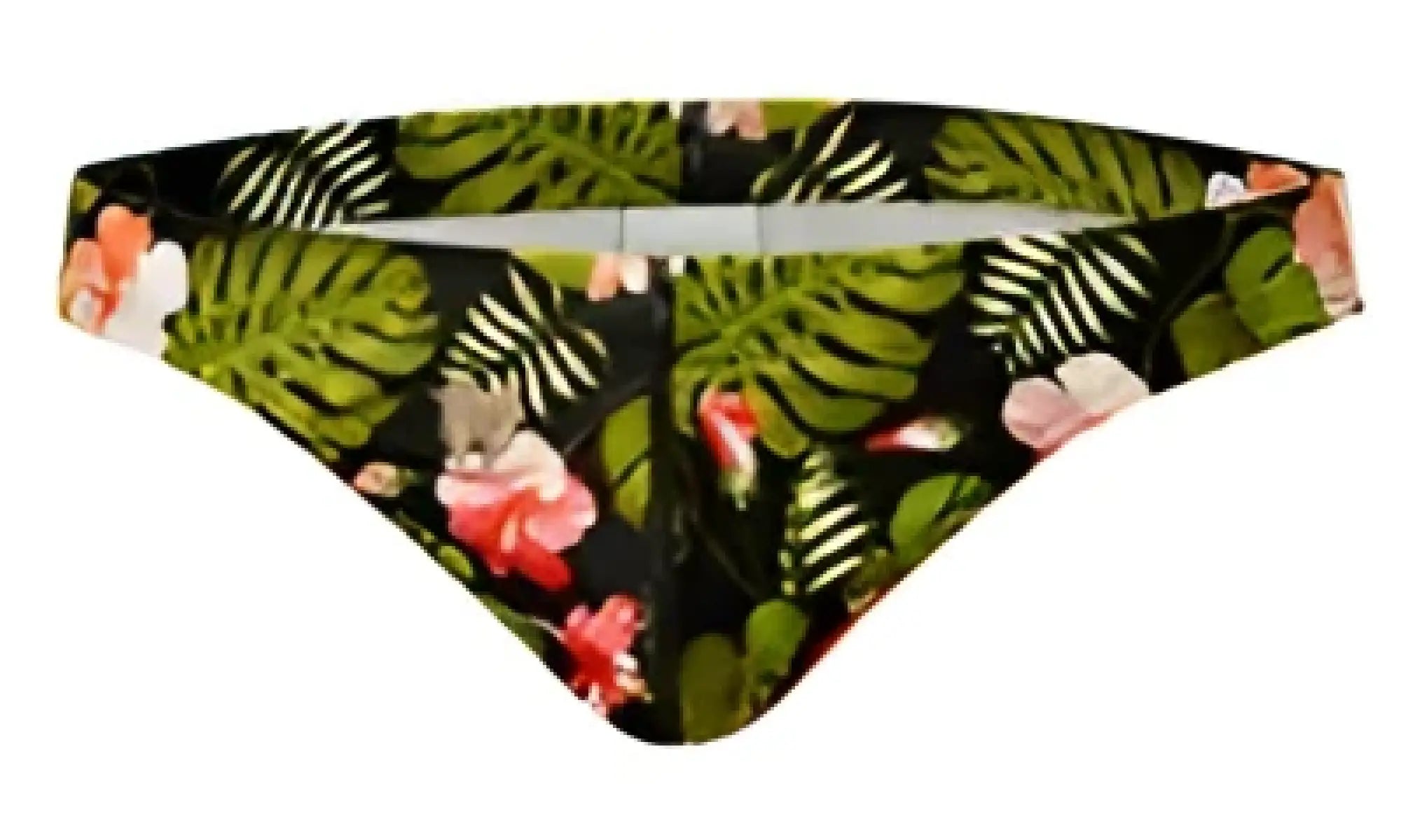 Black bikini bottom with vibrant tropical leaf and pink flower pattern from marcuse forrest thong swimwear