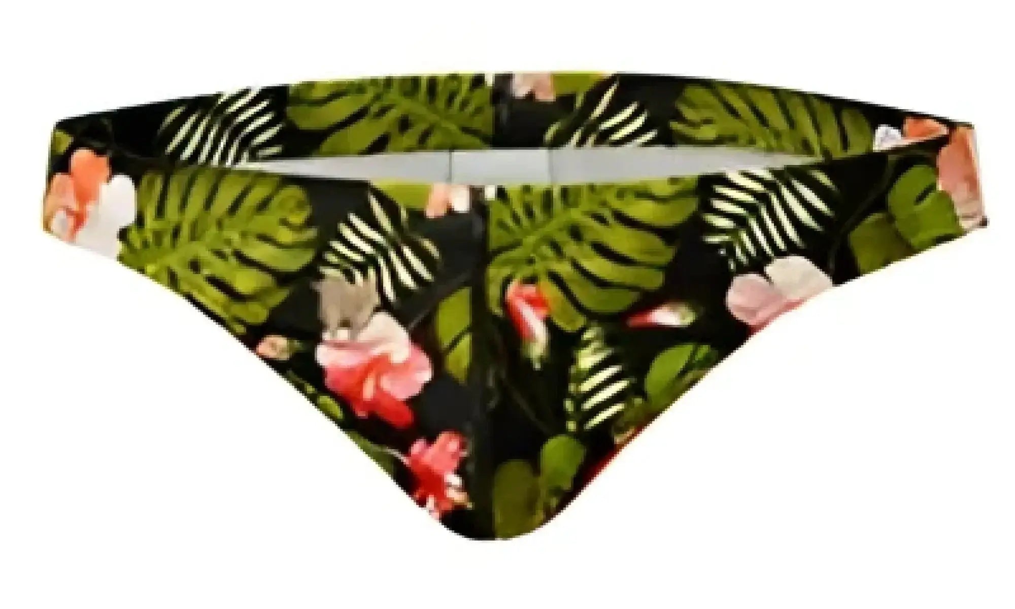 Black bikini bottom with vibrant tropical leaf and pink flower pattern from marcuse forrest thong swimwear