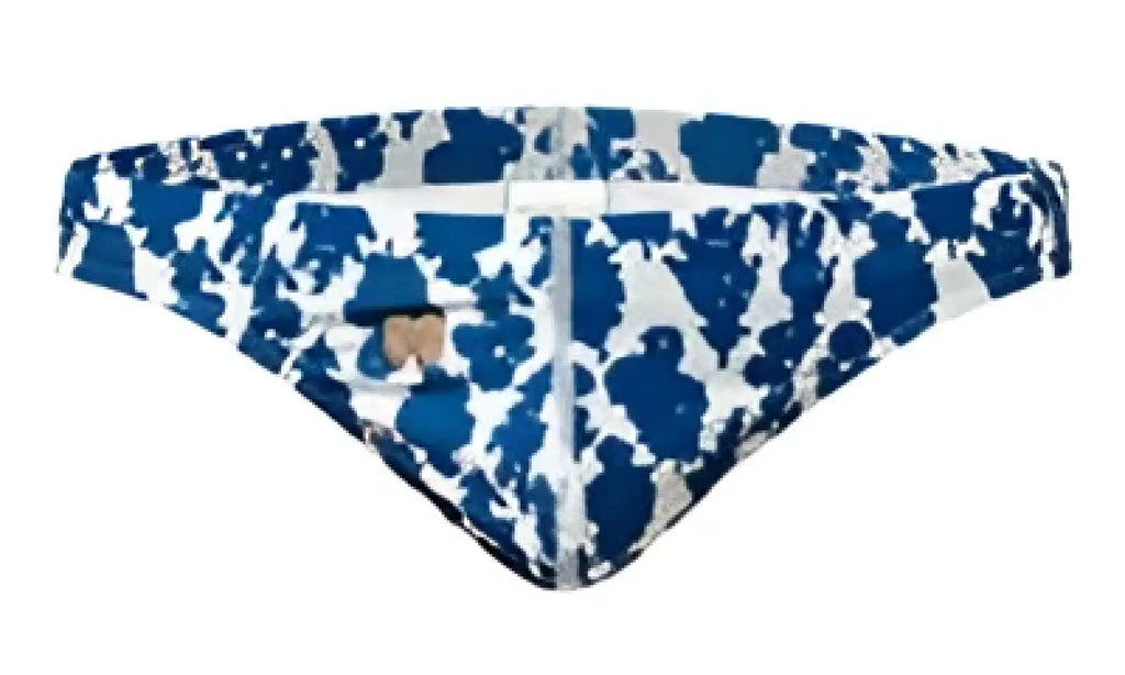 Marcuse Forrest thong swimwear blue and white patterned bikini bottom with subtle textured design back view
