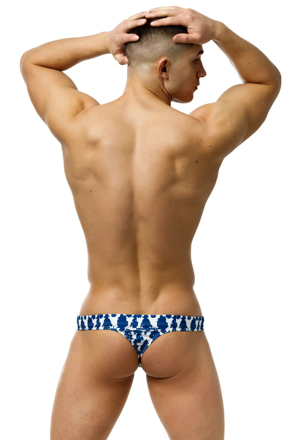 Blue and white patterned marcuse forrest thong swimwear with bold geometric design perfect for swimwear use