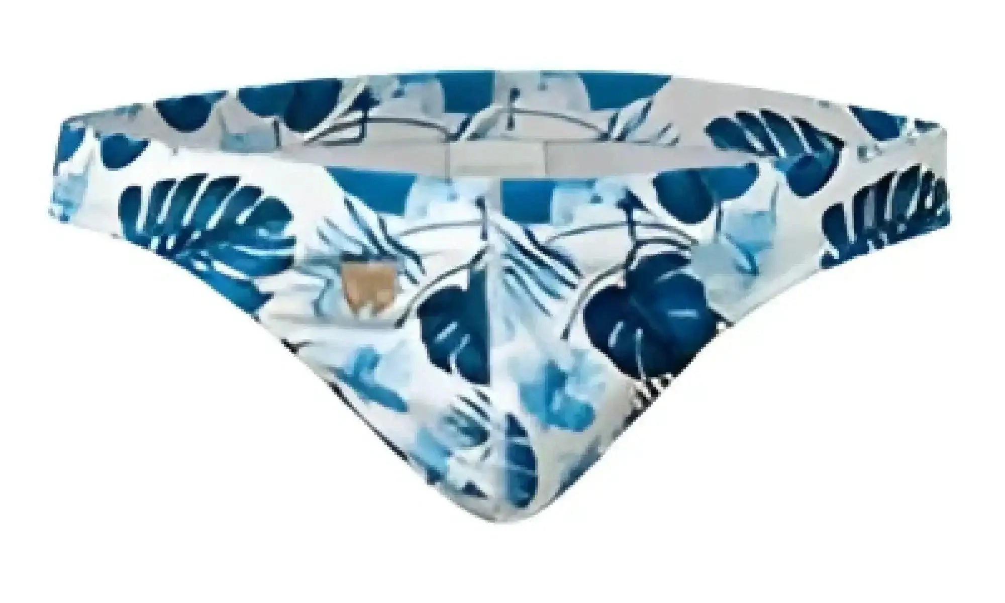 Blue and white tropical leaf-patterned Marcuse Forrest thong swimwear designed for beach and pool use