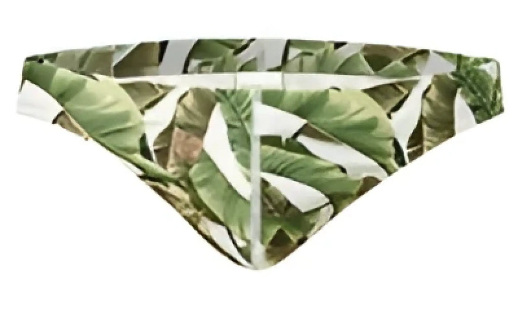 Green leaf-patterned marcuse forrest thong swimwear bottom featuring a tropical design in back view