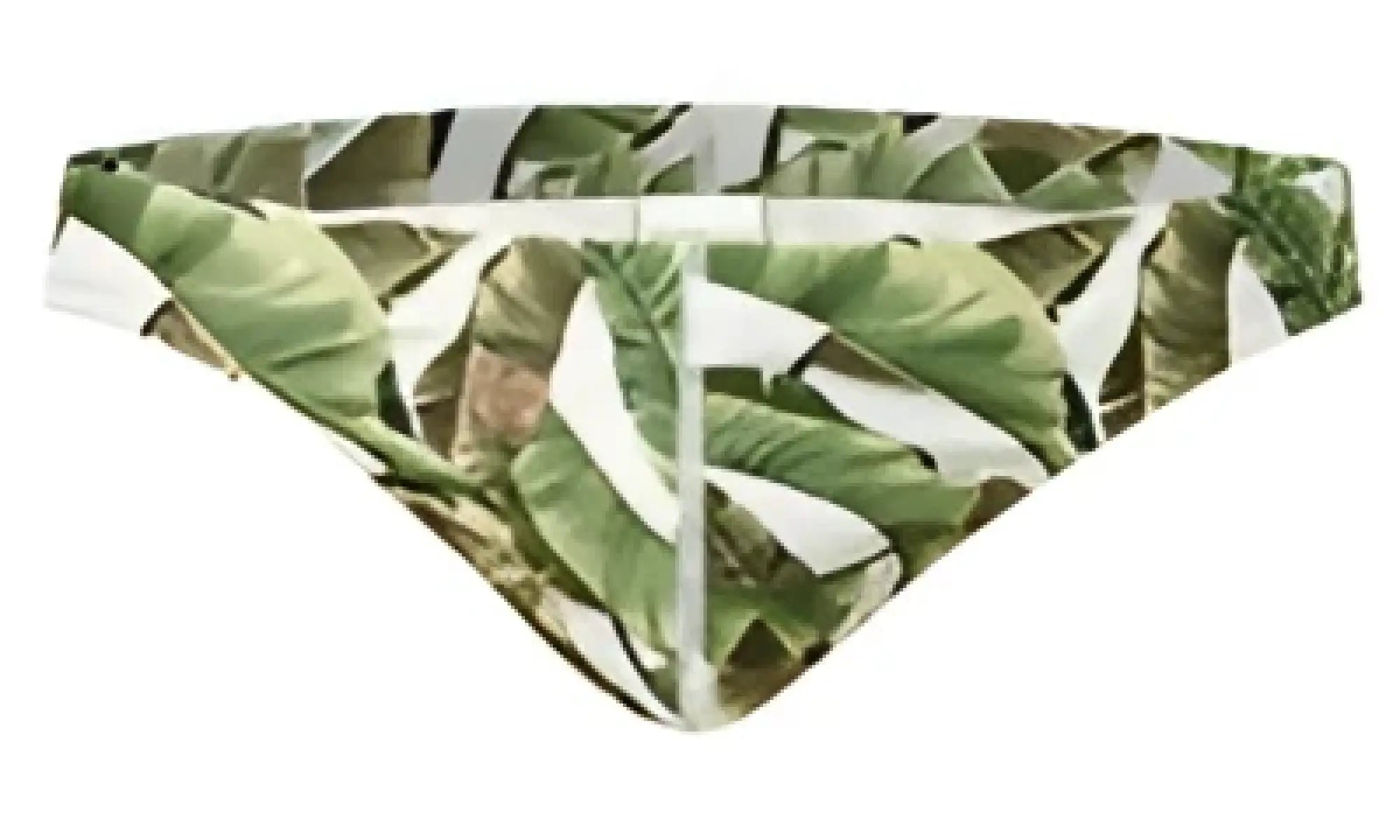 Green leaf-patterned marcuse forrest thong swimwear bottom featuring a tropical design in back view