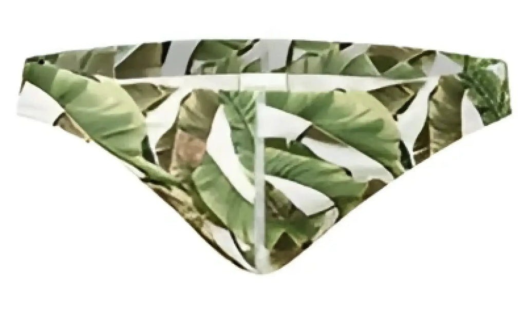 Green leaf-patterned marcuse forrest thong swimwear bottom featuring a tropical design in back view