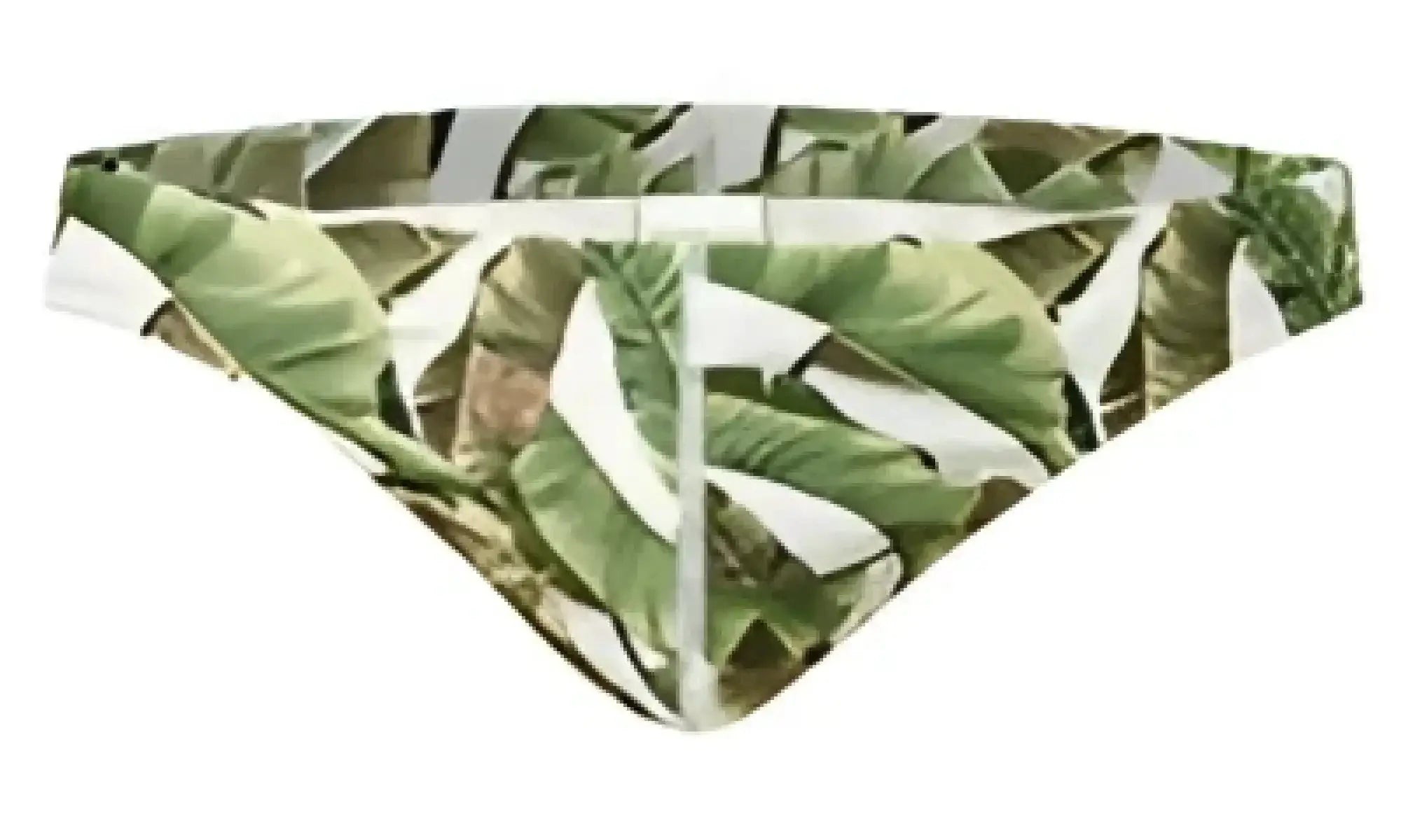 Green leaf-patterned marcuse forrest thong swimwear bottom featuring a tropical design in back view